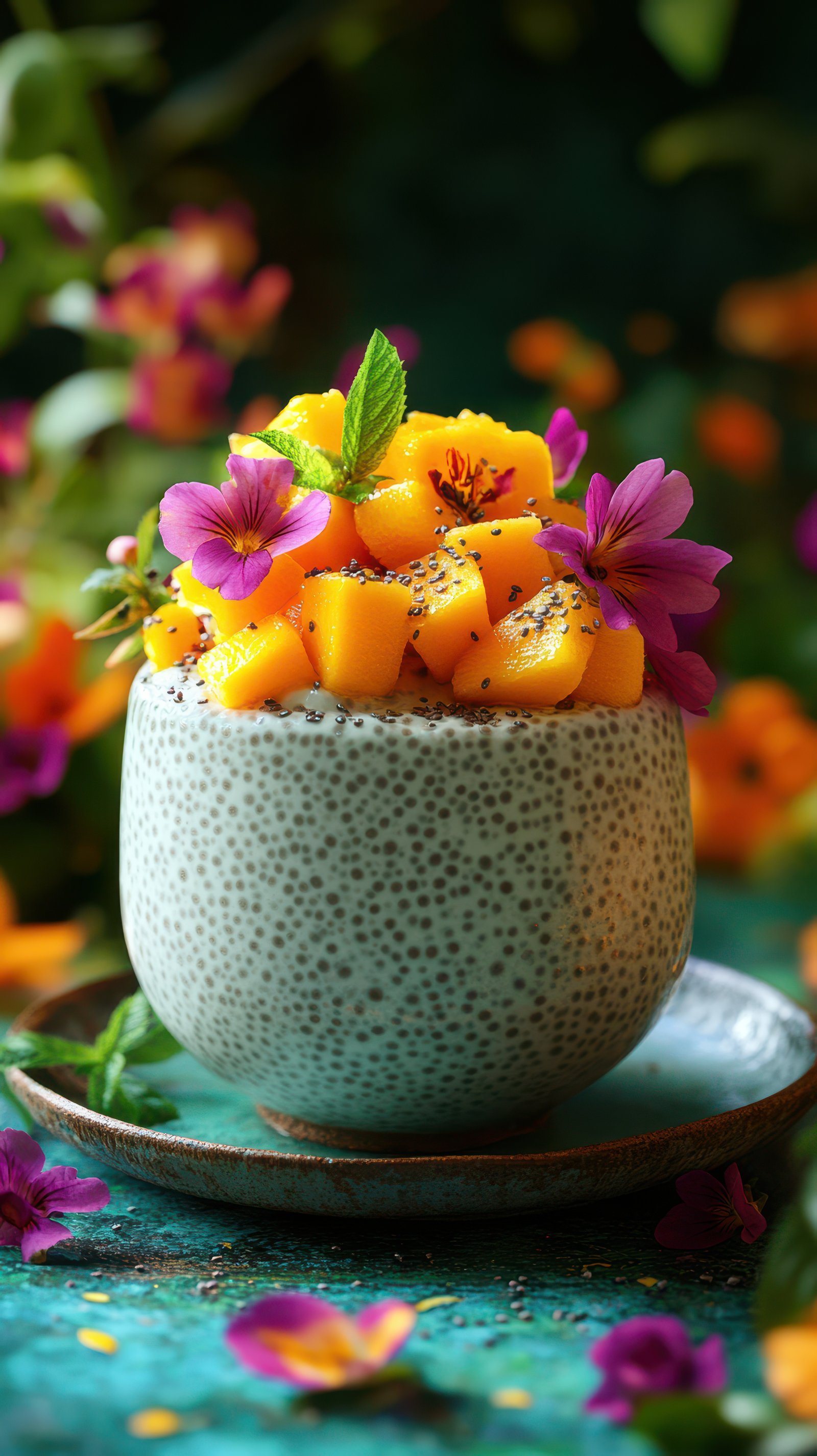 Fresh mango chia pudding with flowers in a vibrant garden setting during daylight